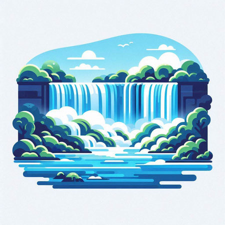 Waterfall in the forest. Waterfall on the river. Vector illustration.のイラスト素材