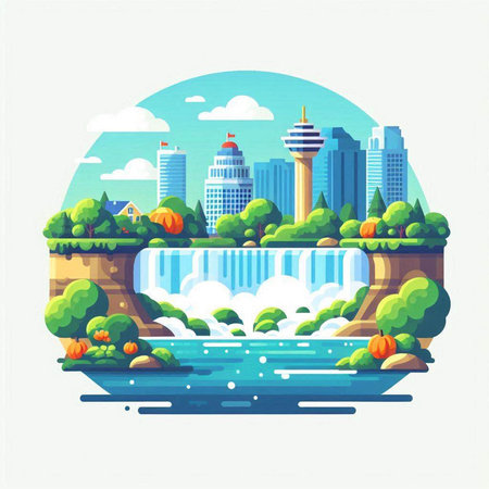 Vector illustration of a modern city landscape with a river, a bridge and a waterfall.のイラスト素材
