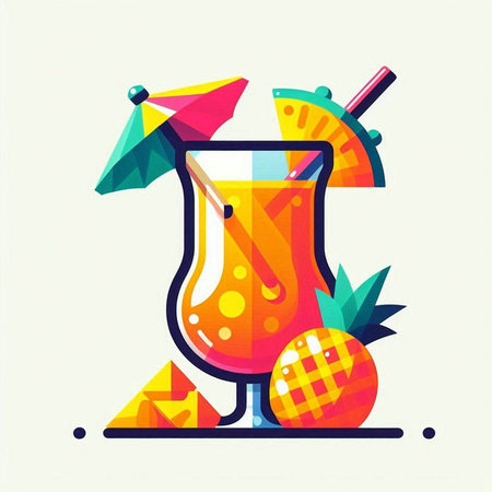 Cocktail with pineapple and cocktail umbrella. Vector illustration in flat style.のイラスト素材