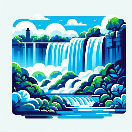 Waterfall in the forest. Landscape with waterfall. Vector illustration.のイラスト素材