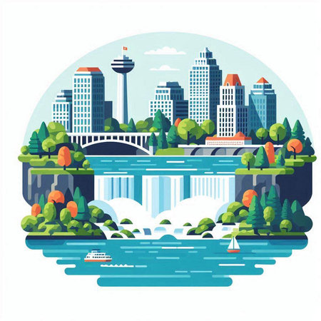 City landscape with river and bridge. Vector illustration in flat style.のイラスト素材