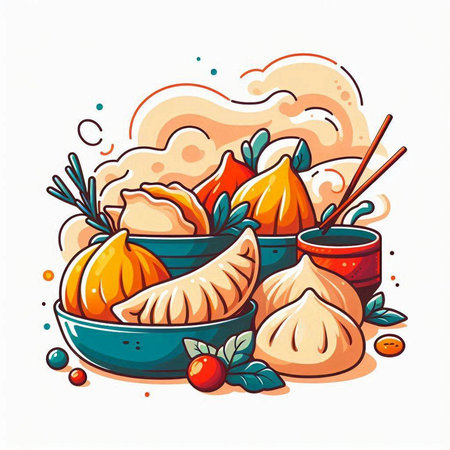 Dumplings in a bowl with chopsticks. Vector illustration.のイラスト素材