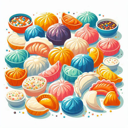 Vector illustration of Chinese steamed dumplings with different fillings.のイラスト素材