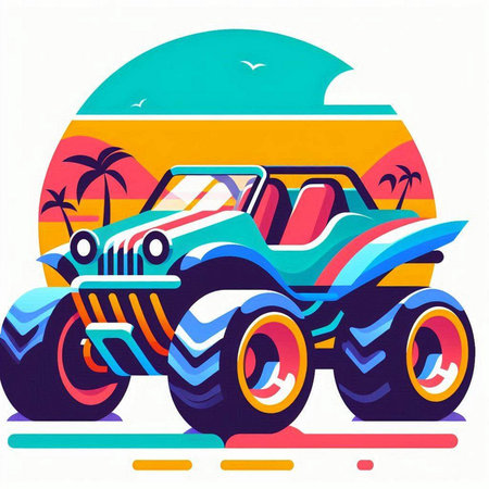 Off-road car on the background of the sea. Vector illustrationのイラスト素材