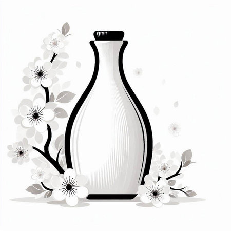 Bottle of sake with cherry blossom on white background, vector illustrationのイラスト素材