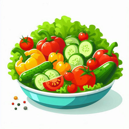 Vegetable salad with tomatoes, cucumbers, peppers and greens. Vector illustration.のイラスト素材