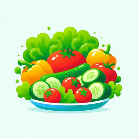 Fresh vegetables on a plate. Vector illustration. Vegetarian food.のイラスト素材