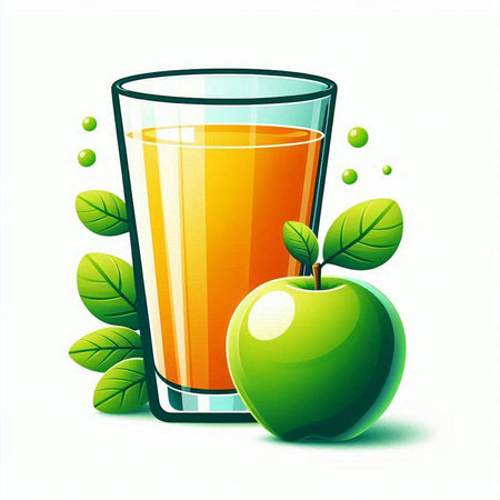 Glass of apple juice with green apple and leaves. Vector illustration.のイラスト素材