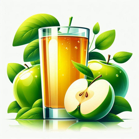 Glass of apple juice with green apples and leaves. Vector illustration.のイラスト素材