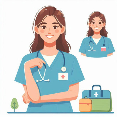 Vector illustration of a nurse with stethoscope and first aid kitのイラスト素材