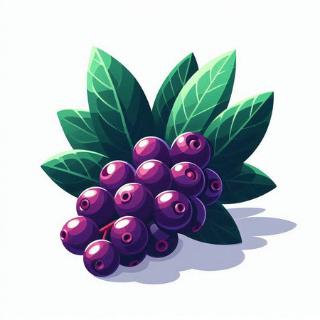 Illustration of fresh blueberries with green leaves on a white backgroundのイラスト素材