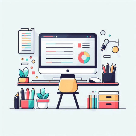 Workplace with computer and office supplies. Flat design style vector illustration.のイラスト素材