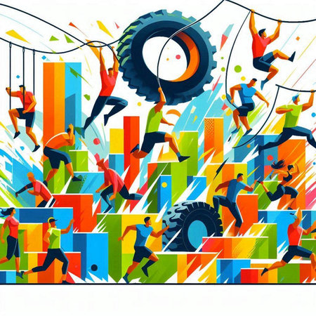 Vector illustration of people running on colorful background. Concept of business, competition, success.のイラスト素材