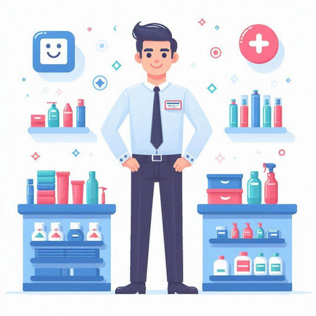 Male pharmacist standing in the drugstore. Vector illustration in cartoon styleのイラスト素材