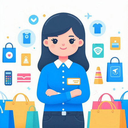 Young woman with shopping bags and credit card. Vector flat illustration.のイラスト素材