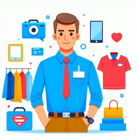 Man in shirt and tie with shopping bags and accessories. Shopping concept. Vector illustrationのイラスト素材