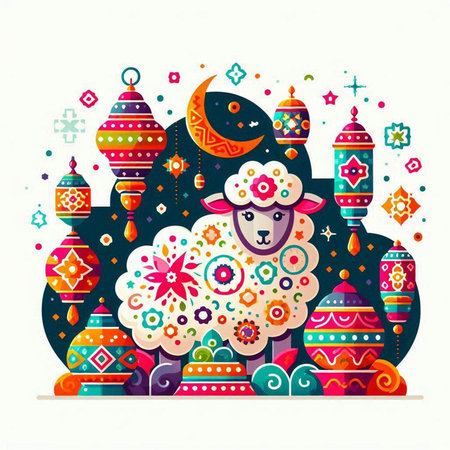 Easter greeting card with cute sheep. Vector illustration in flat style.のイラスト素材