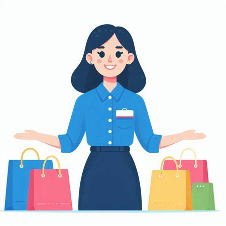 Young woman with shopping bags. Vector illustration in cartoon style on white background.のイラスト素材