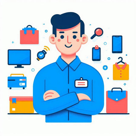 Online shopping concept. A man in a blue shirt is standing in front of a large set of icons. Vector illustrationのイラスト素材