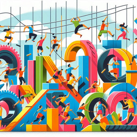 Conceptual illustration with people running and jumping over the obstacle.のイラスト素材