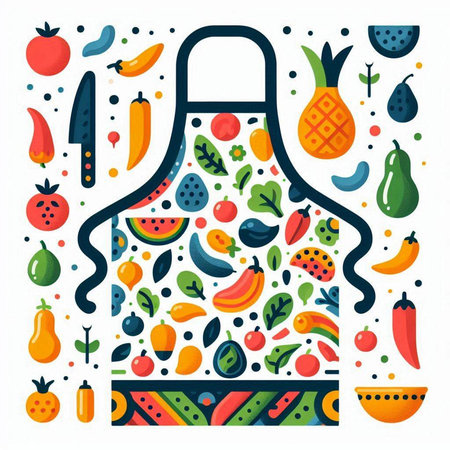 Kitchen utensils, fruits and vegetables. Vector illustration.のイラスト素材