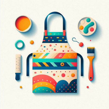 Apron with a pattern, paint brush and paints. Vector illustration.のイラスト素材