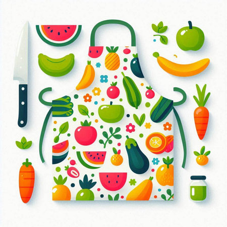 Kitchen pattern with fruits and vegetables. Vector illustration in flat styleのイラスト素材