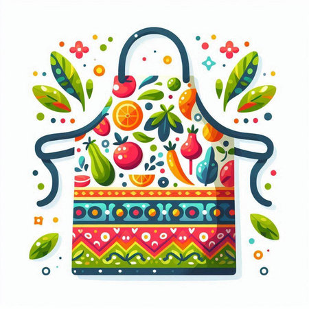 Colorful vector illustration of a modern kitchen apron with fruits and vegetablesのイラスト素材