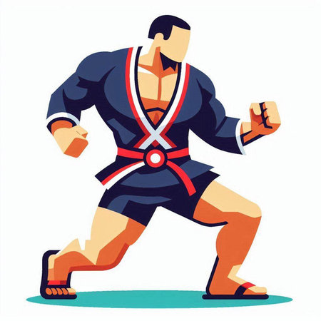Karate fighter in kimono and red belt. Vector illustrationのイラスト素材