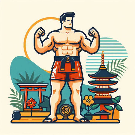 Handsome man with muscular body. Vector illustration in vintage style.のイラスト素材