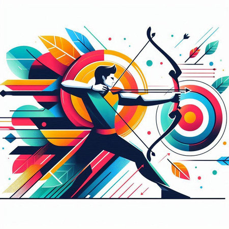 Archer shoots a bow and arrow. Abstract colorful background. Vector illustration.のイラスト素材