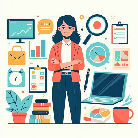 Businesswoman in office. Vector illustration in flat style. Business concept.のイラスト素材