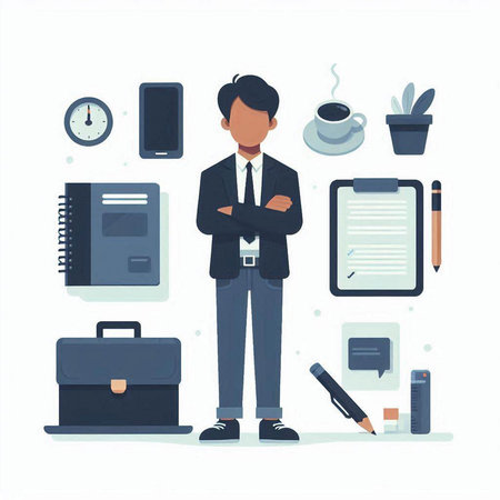Businessman with a briefcase and office supplies. Vector illustration.のイラスト素材