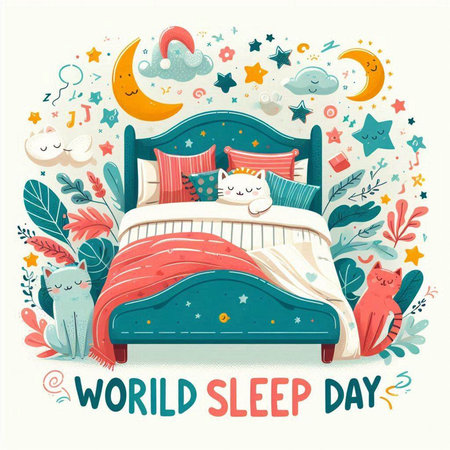 World Sleep Day. Hand drawn vector illustration with cute cartoon cats sleeping on the big bed.のイラスト素材