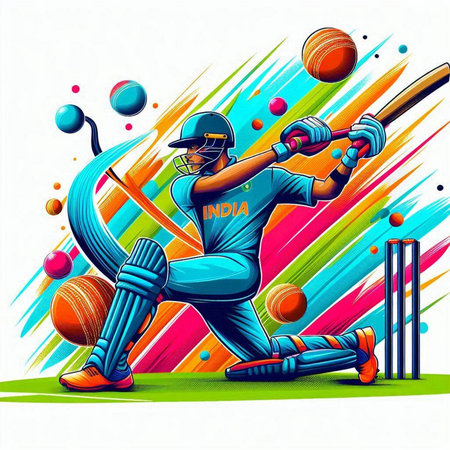Cricket player in action with bats and balls on colorful backgroundのイラスト素材