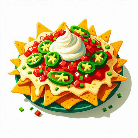 Illustration of mexican nachos with melted cheese, green pepper, tomato and sour cream on white backgroundのイラスト素材
