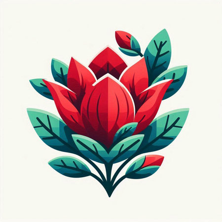 Flower icon with green leaves and red flowers. Vector illustration.のイラスト素材