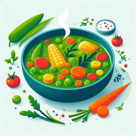 Vegetable soup with carrots, peas, cucumbers and corn. Vector illustration.のイラスト素材