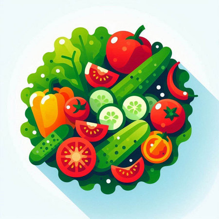 Vegetable salad with cucumber, tomato and pepper. Vector illustration.のイラスト素材