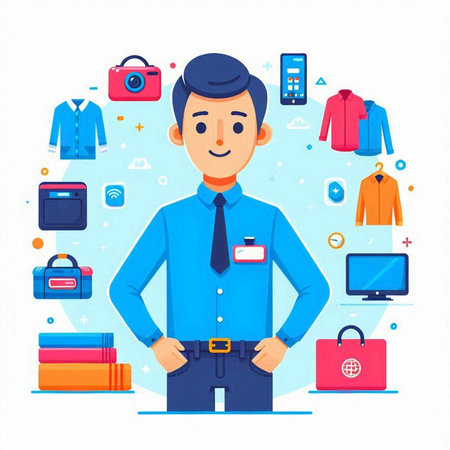 Illustration of a male security guard standing in front of a set of iconsのイラスト素材