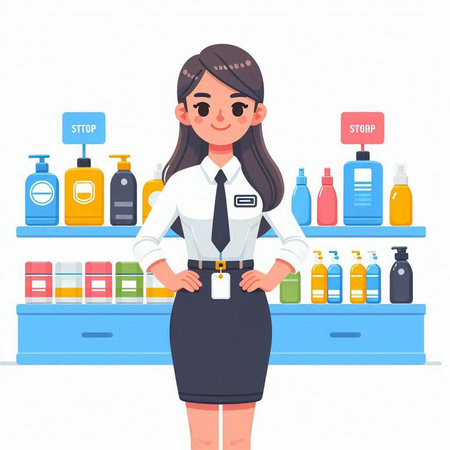 Young beautiful woman standing at the counter in cosmetics store. Vector illustration.のイラスト素材