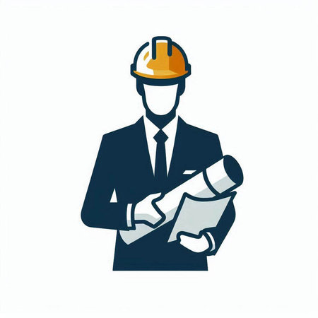 Engineer with construction plans on a white background. Vector illustration.のイラスト素材