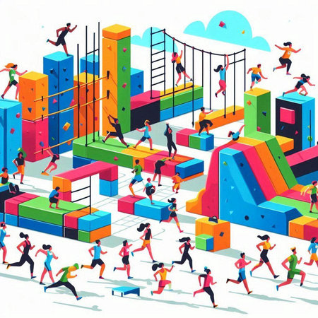 Group of people running and jumping over colorful stairs. Cartoon vector illustration.のイラスト素材