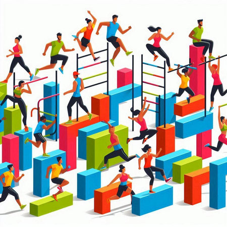 Isometric people running on a bar chart. 3D illustration.のイラスト素材