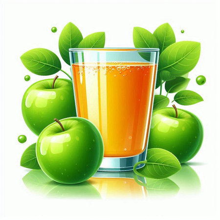 Glass of fresh juice with green apples and leaves on a white backgroundのイラスト素材