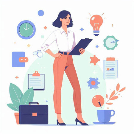 Vector illustration of a businesswoman standing in office with a clipboard.のイラスト素材