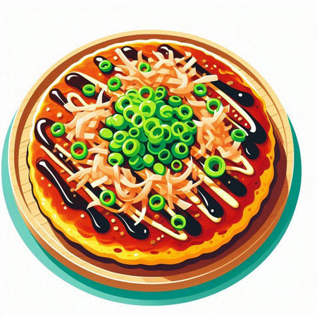 Pizza with green onion, cheese and tomato sauce. Vector illustration.のイラスト素材
