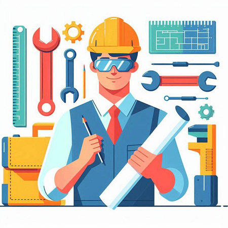 Engineer in helmet and glasses with tools. Vector illustration in flat styleのイラスト素材