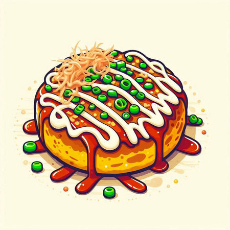 Cartoon donut with green peas and ketchup. Vector illustration.のイラスト素材