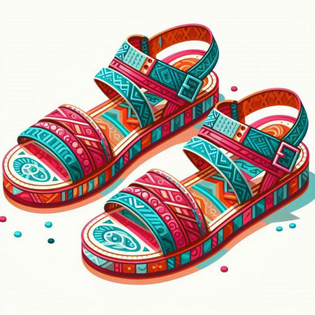 Vector illustration of colorful flip flops with ethnic ornaments.のイラスト素材